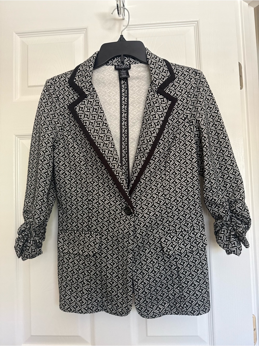 Soho Apparel Black and White Geometric Knit Blazer
